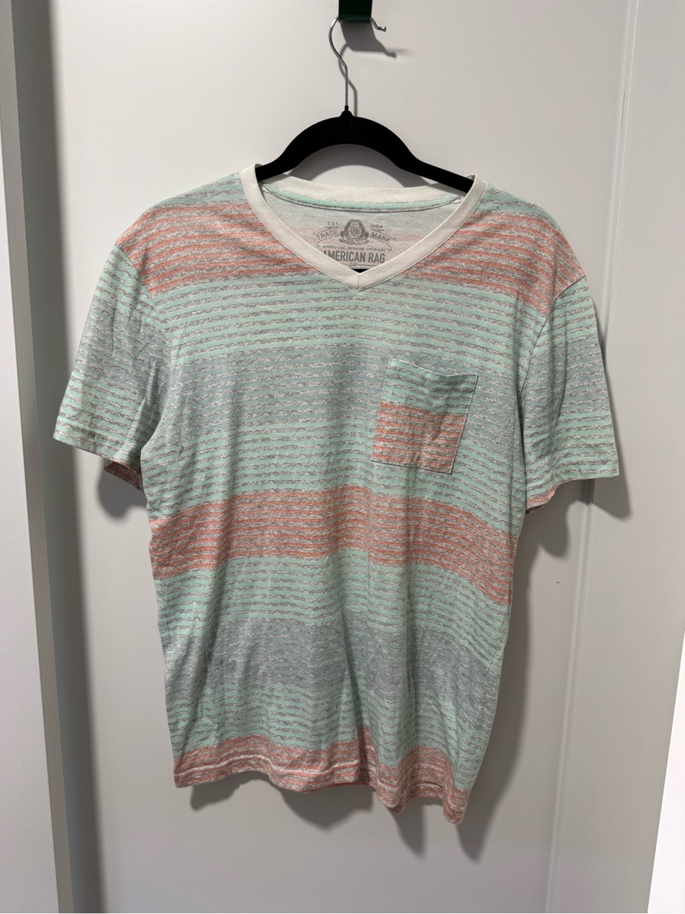American Rag Striped V-Neck Tee in Mint and Coral